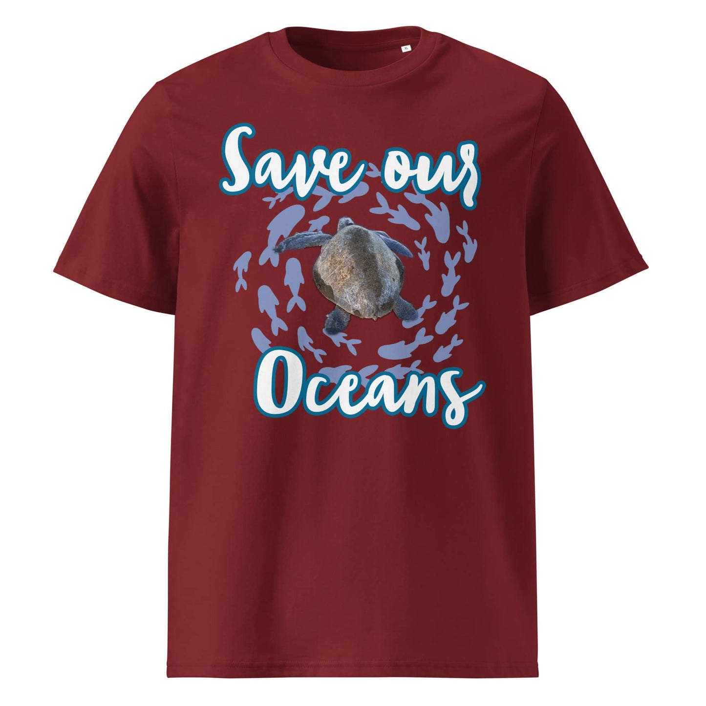 Frontansicht eines Unisex T-Shirts mit dem Slogan Save our Oceans Motiv Meeres Schildkröte in der Farbe Burgundy Burgunder