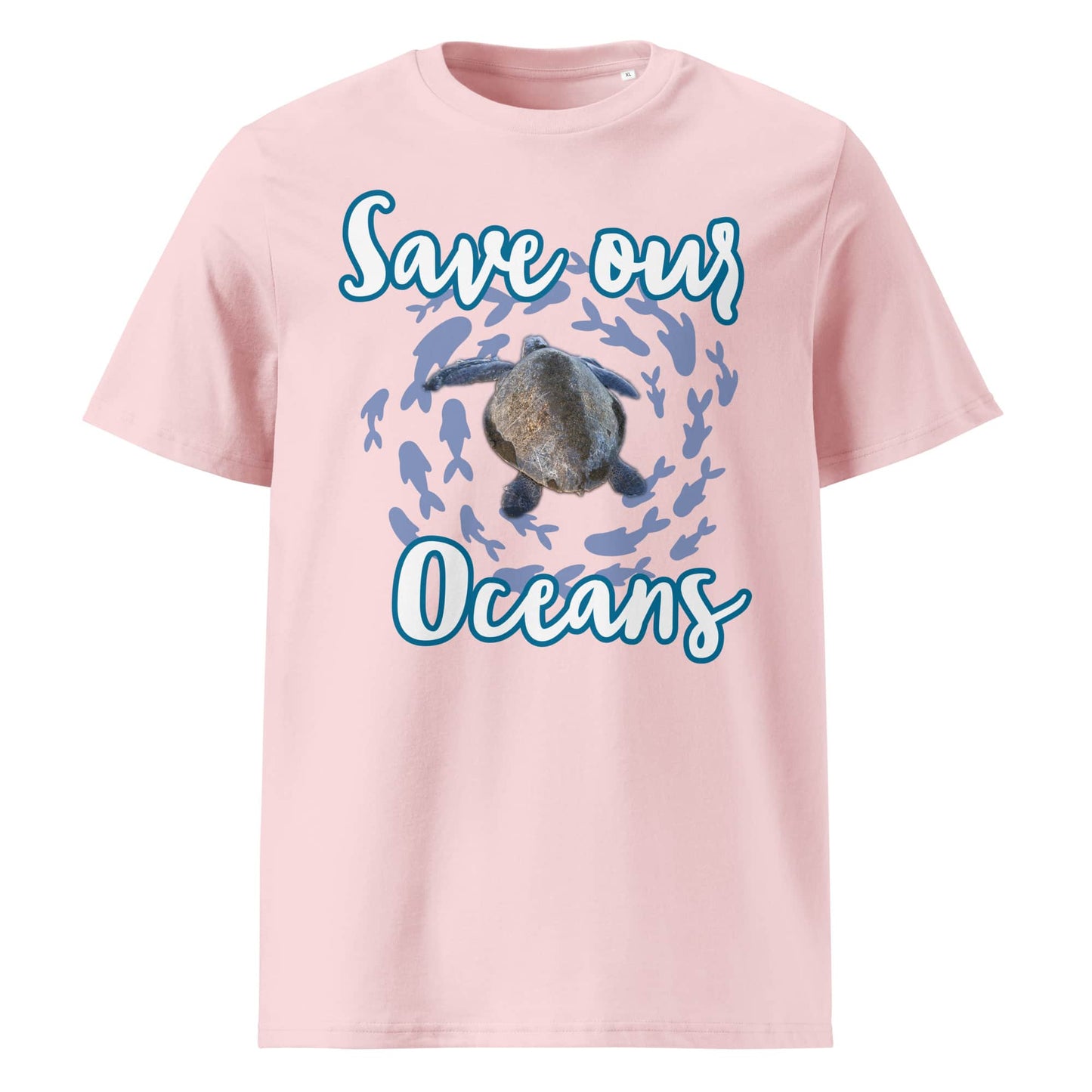 Frontansicht eines Unisex T-Shirts mit dem Slogan Save our Oceans Motiv Meeres Schildkröte in der Farbe Cotton Pink Rosa