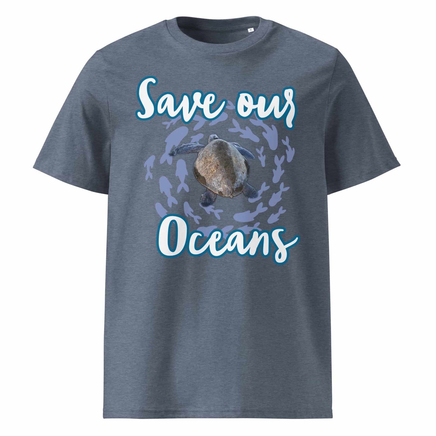 Frontansicht eines Unisex T-Shirts mit dem Slogan Save our Oceans Motiv Meeres Schildkröte in der Farbe Dark Heather Blue Grau-Blau