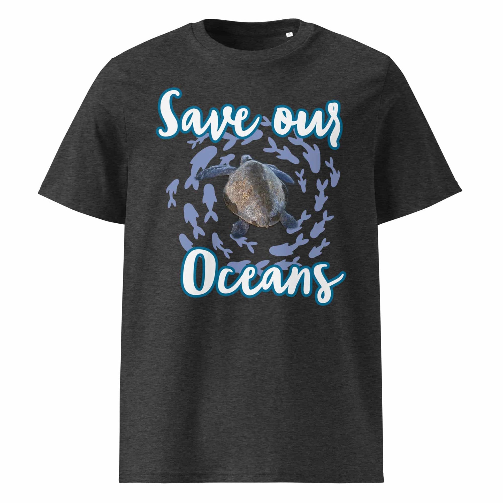 Frontansicht eines Unisex T-Shirts mit dem Slogan Save our Oceans Motiv Meeres Schildkröte in der Farbe Dark Heather Grey Dunkel-Grau