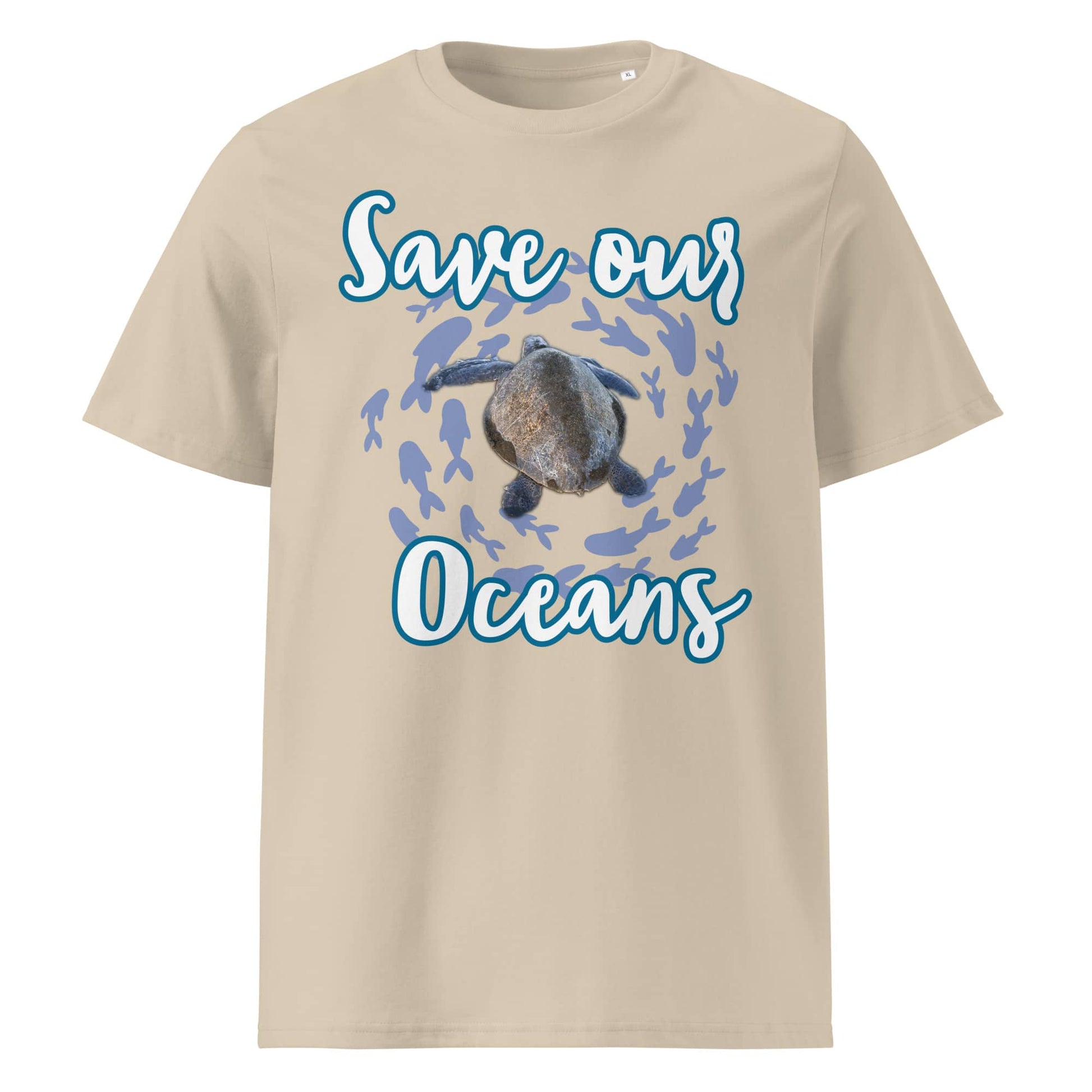 Frontansicht eines Unisex T-Shirts mit dem Slogan Save our Oceans Motiv Meeres Schildkröte in der Farbe Desert Dust Sand