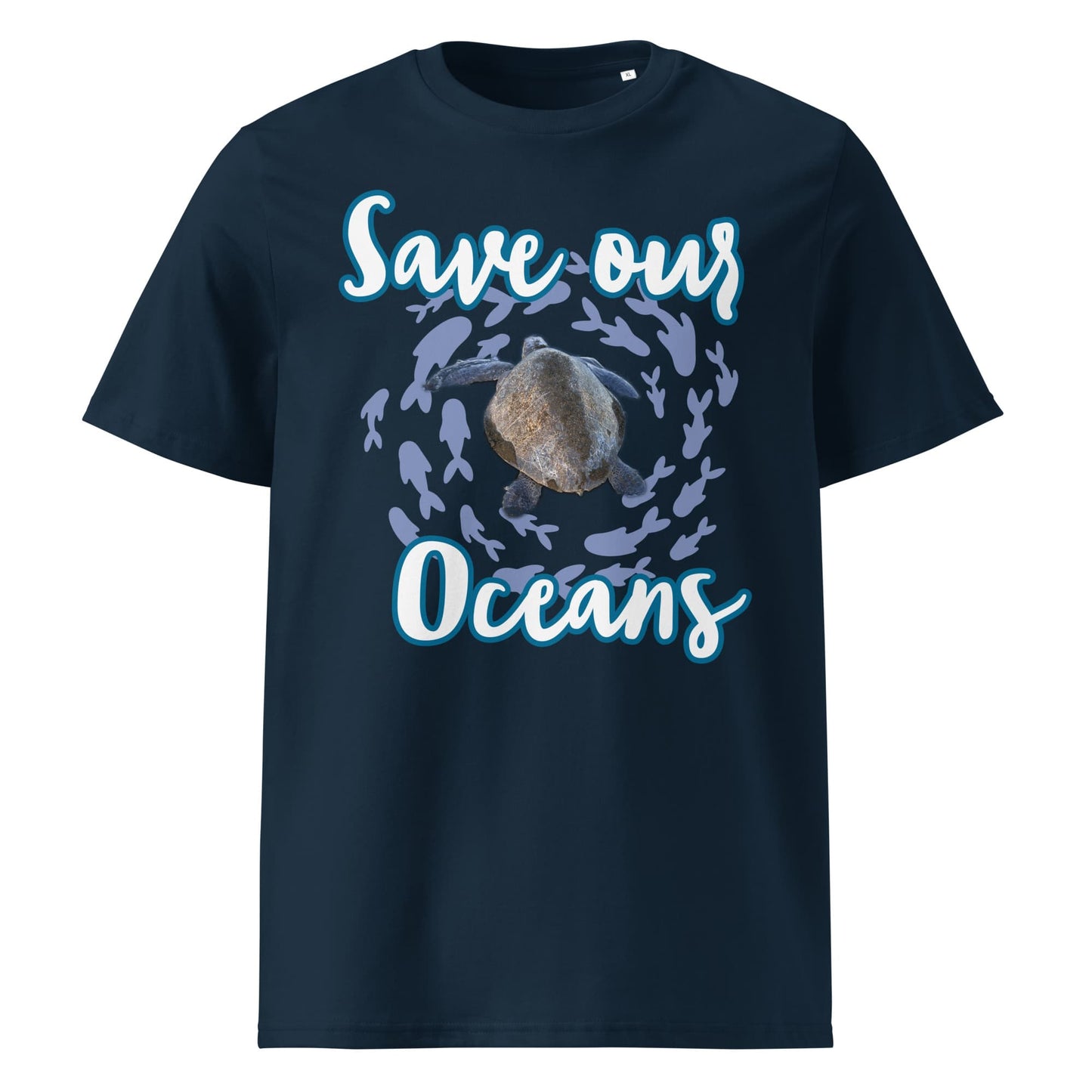 Frontansicht eines Unisex T-Shirts mit dem Slogan Save our Oceans Motiv Meeres Schildkröte in der Farbe French Navy Dunkel-Blau