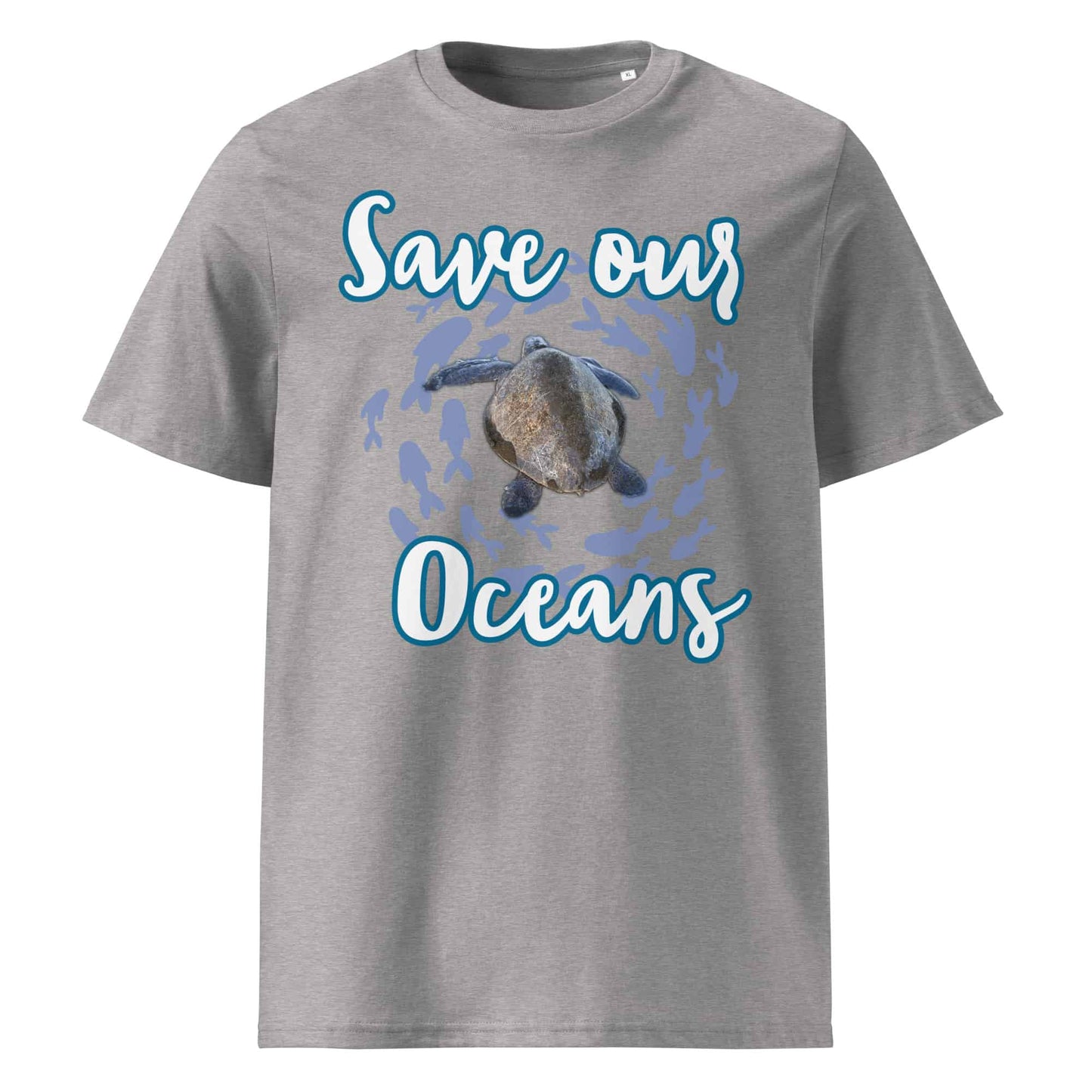 Frontansicht eines Unisex T-Shirts mit dem Slogan Save our Oceans Motiv Meeres Schildkröte in der Farbe Heather Grey Grau