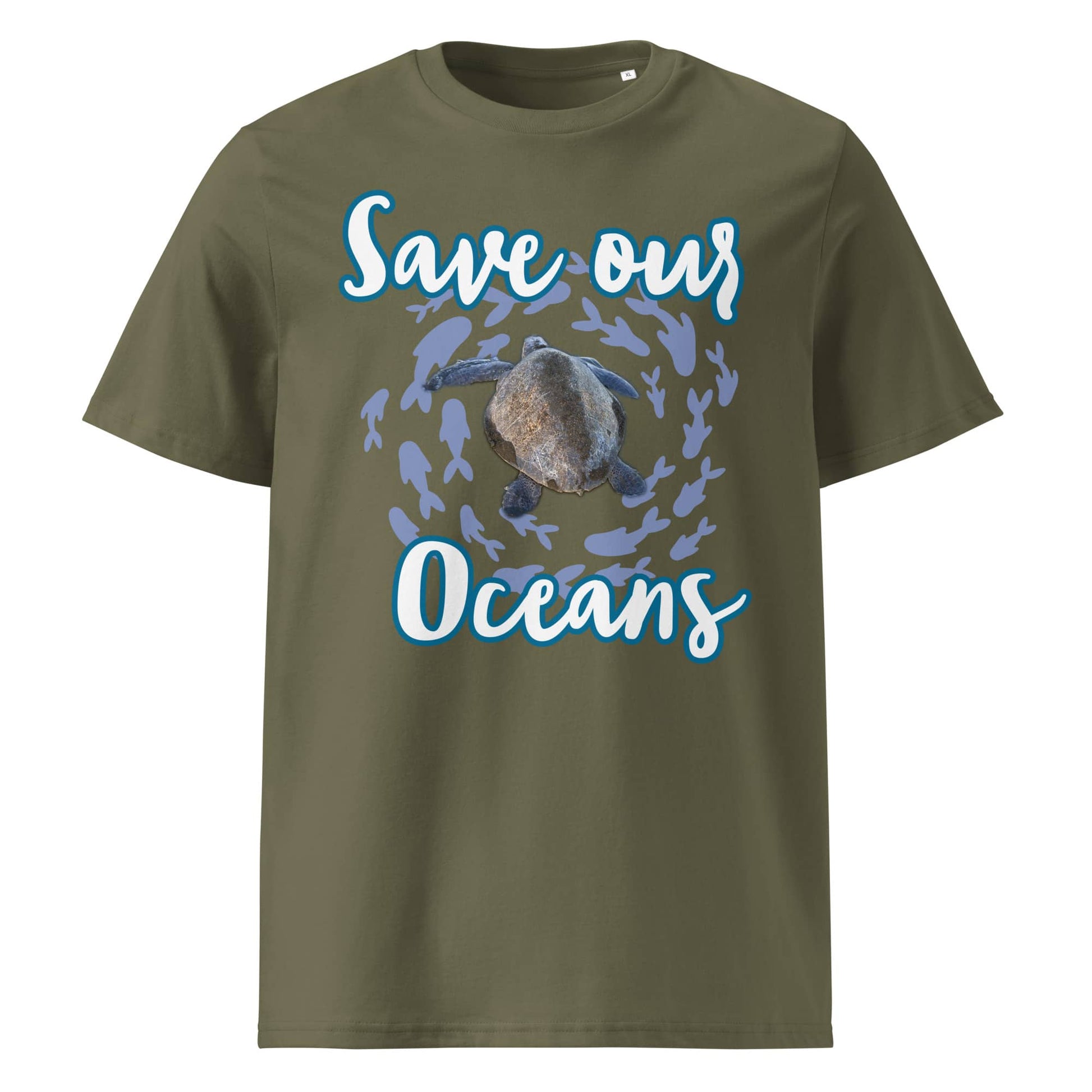 Frontansicht eines Unisex T-Shirts mit dem Slogan Save our Oceans Motiv Meeres Schildkröte in der Farbe Khaki