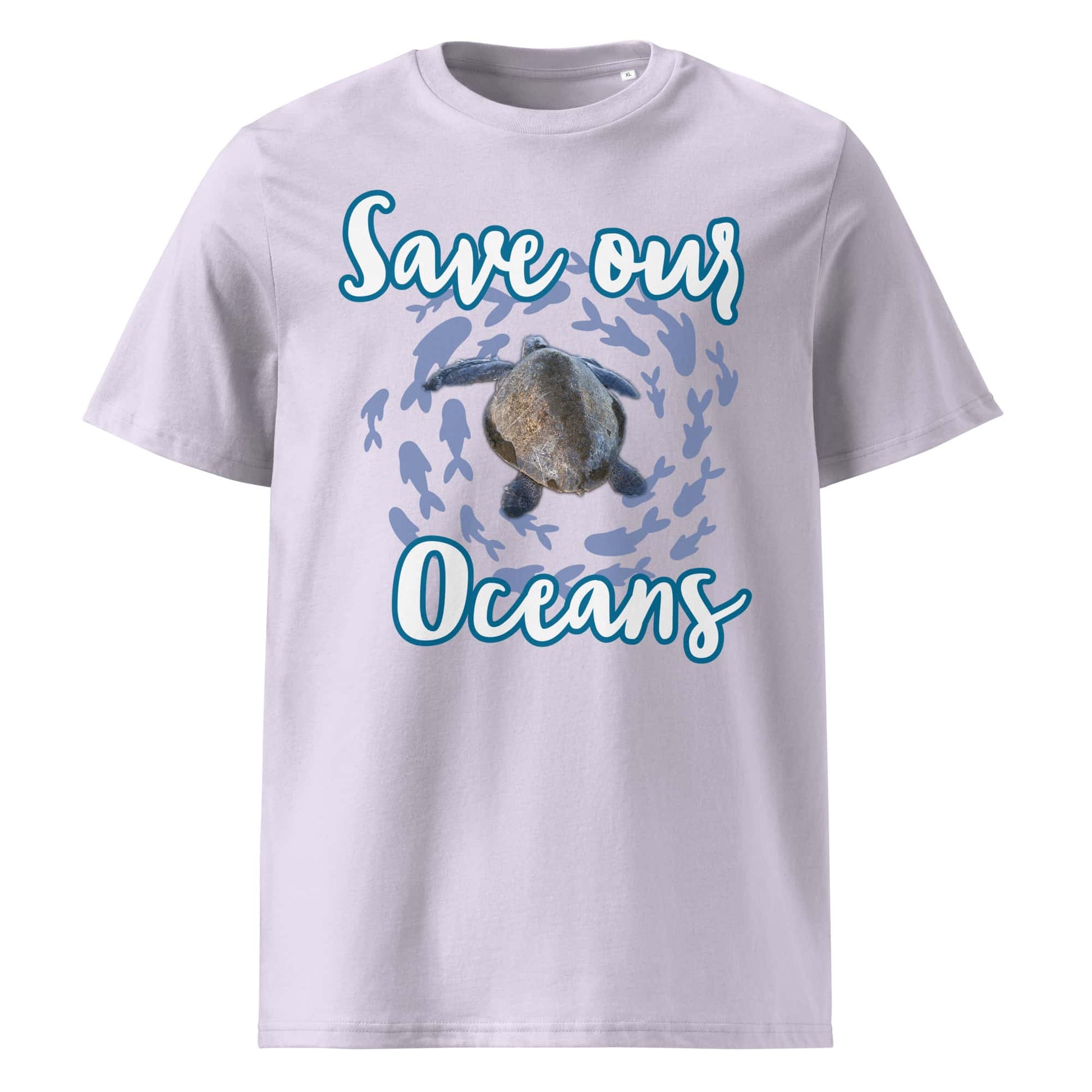 Frontansicht eines Unisex T-Shirts mit dem Slogan Save our Oceans Motiv Meeres Schildkröte in der Farbe Lavender Lavendel