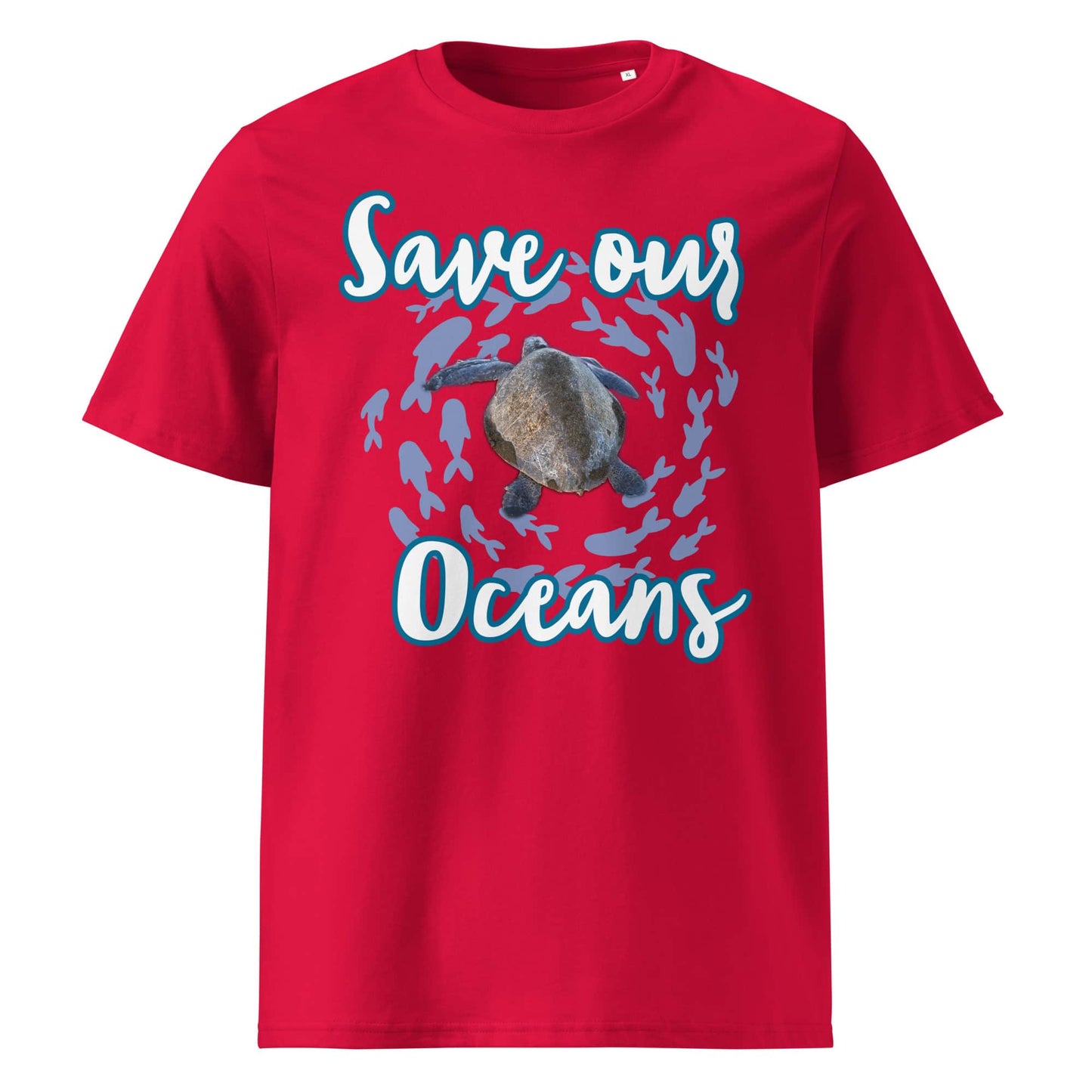 Frontansicht eines Unisex T-Shirts mit dem Slogan Save our Oceans Motiv Meeres Schildkröte in der Farbe Red Rot