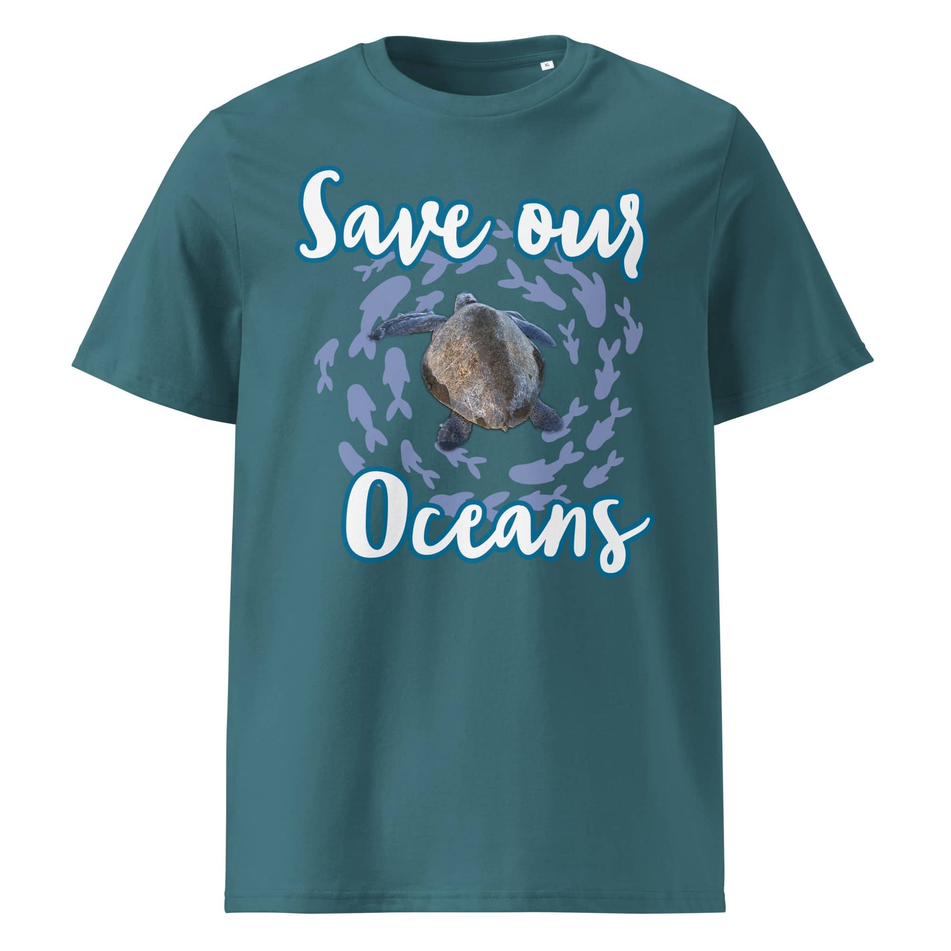 Frontansicht eines Unisex T-Shirts mit dem Slogan Save our Oceans Motiv Meeres Schildkröte in der Farbe Stargazer Blau-Grün