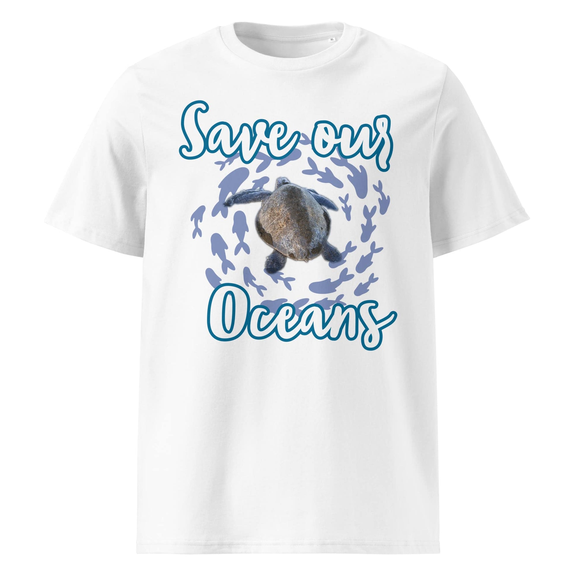 Frontansicht eines Unisex T-Shirts mit dem Slogan Save our Oceans Motiv Meeres Schildkröte in der Farbe White Weiss