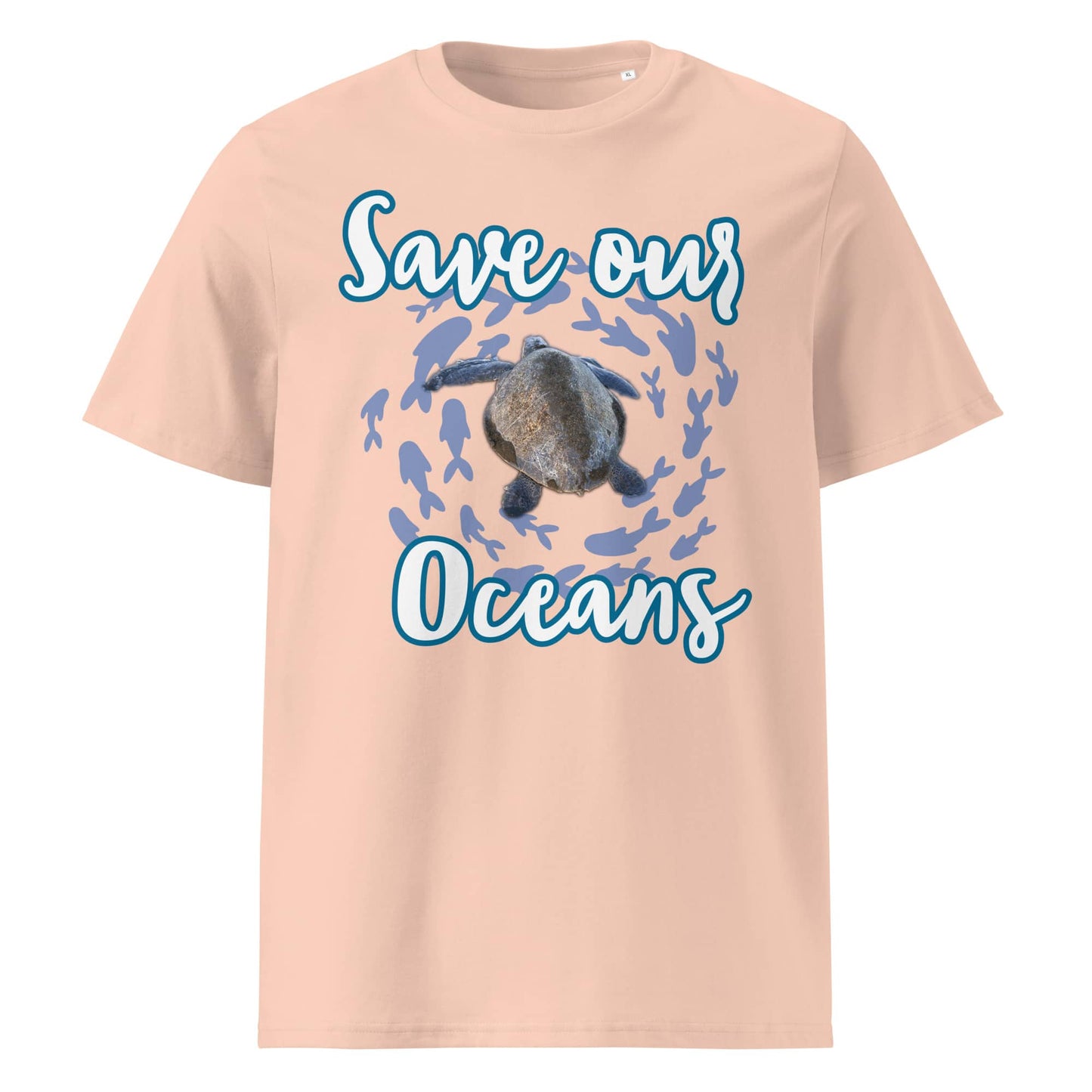 Frontansicht eines Unisex T-Shirts mit dem Slogan Save our Oceans Motiv Meeres Schildkröte in der Farbe Fraiche Peche Pfirsich