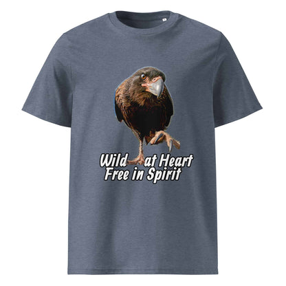 Frontansicht eines Unisex T-Shirts mit Fotodruck eines CaraCara Vogels - in der Farbe Dark Heather Blue Grau-Blau