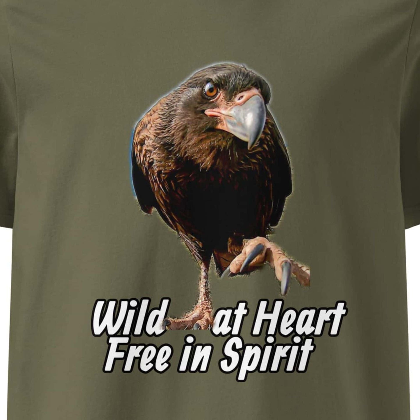 Motivansicht eines Unisex T-Shirts mit Fotodruck eines CaraCara Vogels - in der Farbe Khaki